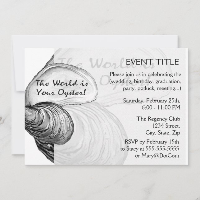 Invitation Une coquille d'huîtres avec le dicton "le monde es (Devant)