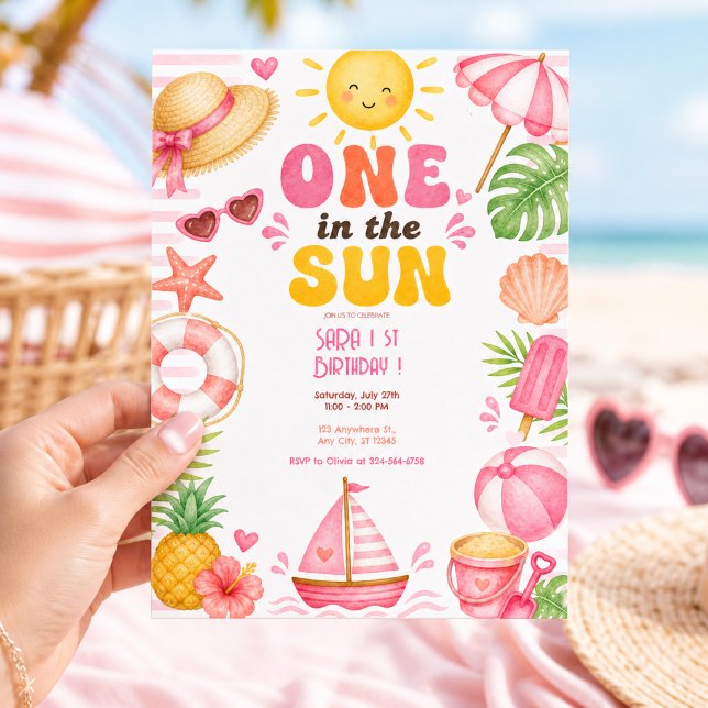 Invitation Une dans le soleil Fille d'anniversaire Été Mignon (Créateur téléchargé)