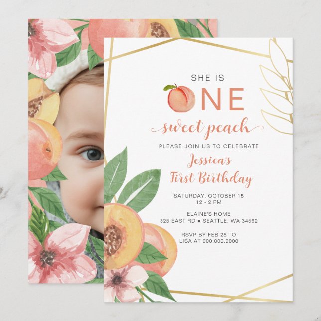 Invitation Une douce fête de premier anniversaire de pêche (Devant / Derrière)