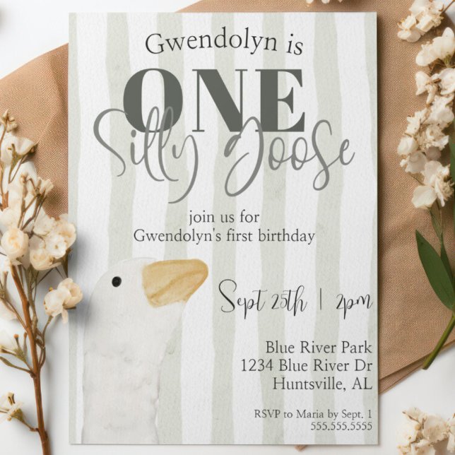 Invitation Une douce oie d'oie d'Amérique Aquarelle 1er fête  (One silly goose first birthday party invitation cute watercolor boy or girl 1st bday party  green)
