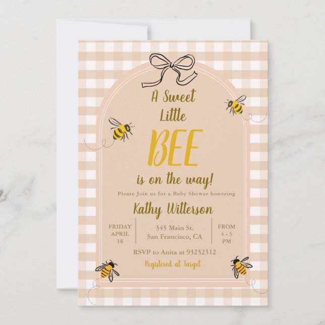 Invitation Une douce petite abeille En vichy Baby shower (Devant)
