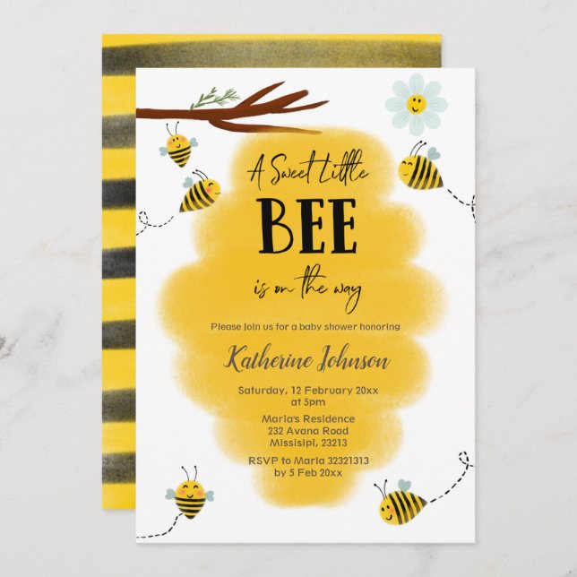 Invitation Une douce petite abeille est en baby shower (Devant / Derrière)