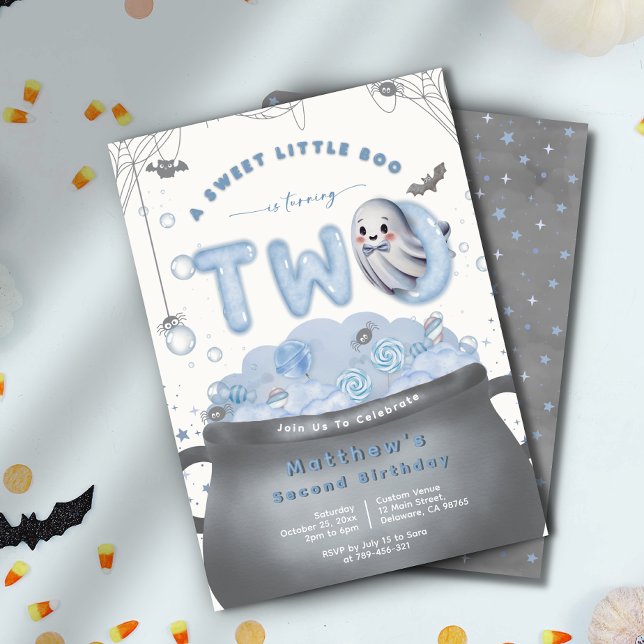 Invitation Une douce petite chouette fête ses deux ans d'anni (A Sweet Little Boo Is Turning Two Blue Birthday Invitation)