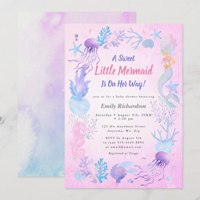 Invitation Une Douce Petite Fée des Mers Pastel Fille Baby Sh (Devant / Derrière)