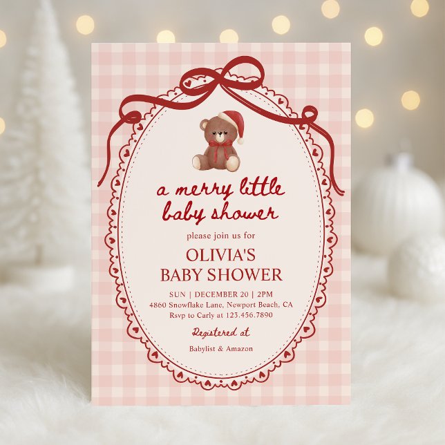 Invitation Une Douce Petite Fête de Bébé Noël Ours Gingham (Créateur téléchargé)
