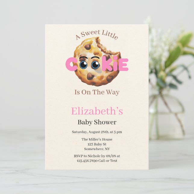 Invitation Une Douce Petite Fête de Bébé Rose Cookie  (Debout devant)