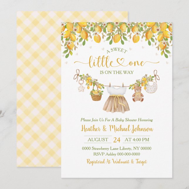 Invitation Une Douce Petite Fête de Naissance Citron (Devant / Derrière)