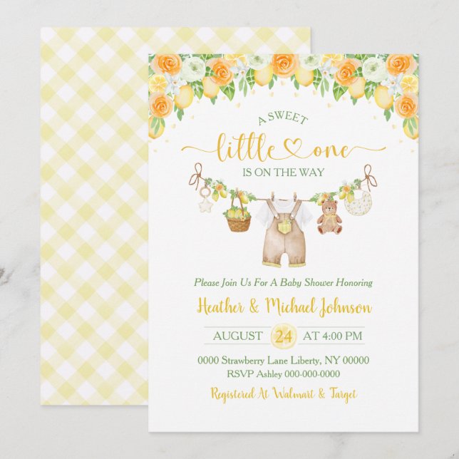 Invitation Une Douce Petite Fête de Naissance Fleurie Citron (Devant / Derrière)