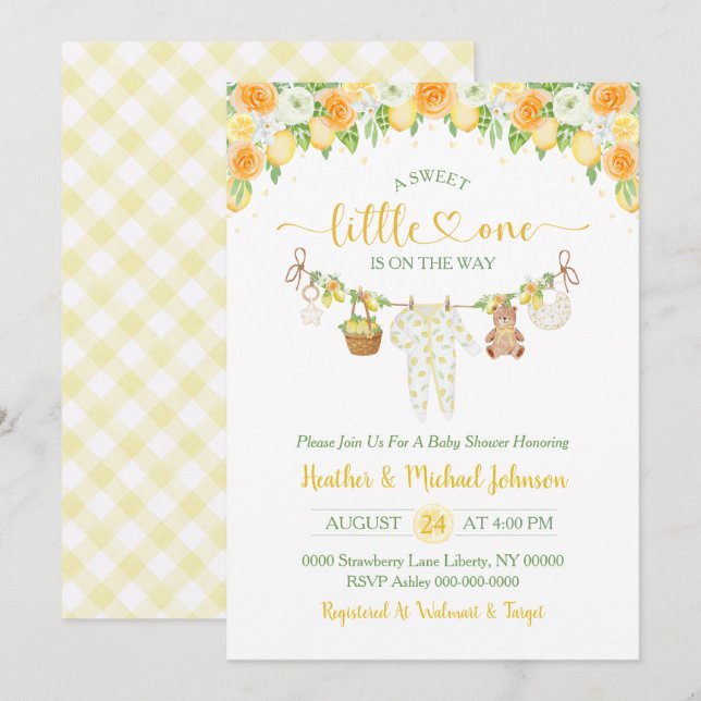 Invitation Une Douce Petite Fête de Naissance Fleurie Citron (Devant / Derrière)