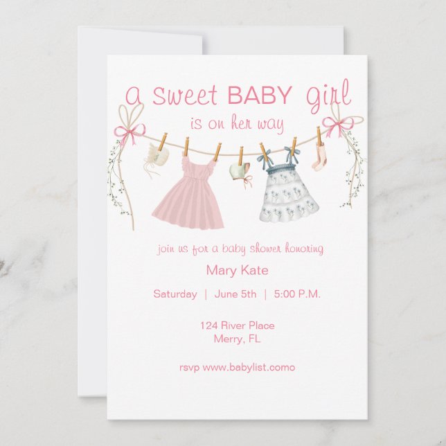 Invitation Une douce petite fille en chemin, baby shower invi (Devant)