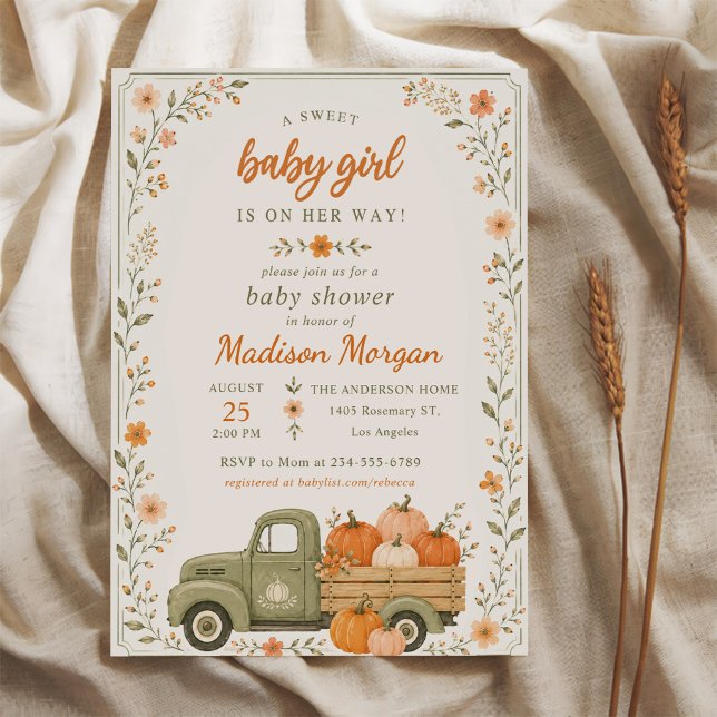 Invitation Une douce petite fille Fête de bébé Citrouille (Créateur téléchargé)