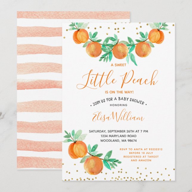 Invitation Une douce Petite Pêche est en chemin Baby shower (Devant / Derrière)