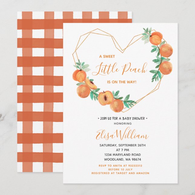 Invitation Une douce petite pêche est en route Baby shower  (Devant / Derrière)