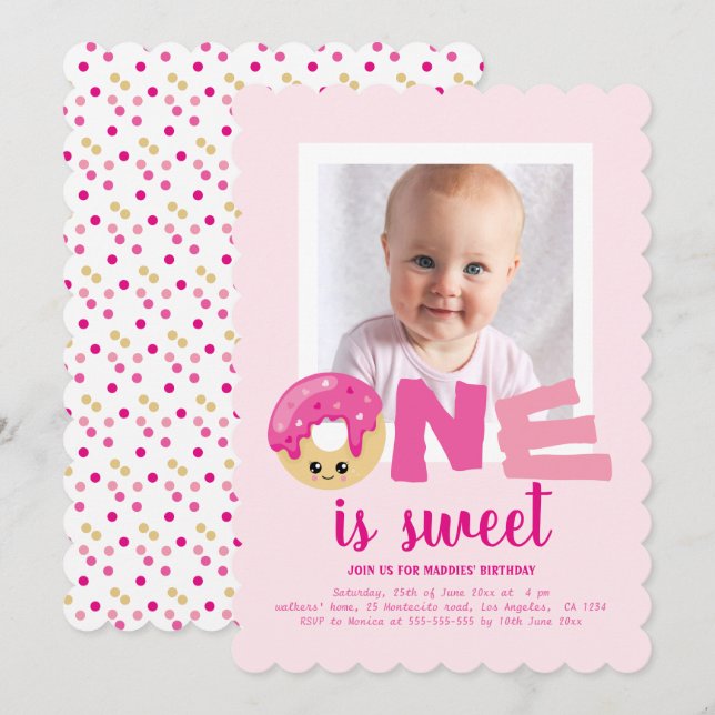 Invitation Une douce Photo Gâteau Rose Bébé Premier Anniversa (Devant / Derrière)