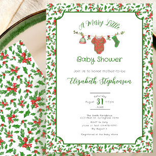 Invitation Une douche de bébé joyeuse petite rouge vert houx