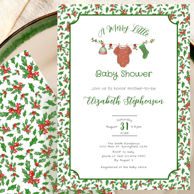 Invitation Une douche de bébé joyeuse petite rouge vert houx (Créateur téléchargé)