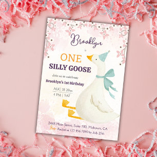 Invitation Une drôle d'oie 1er anniversaire floral rose fille