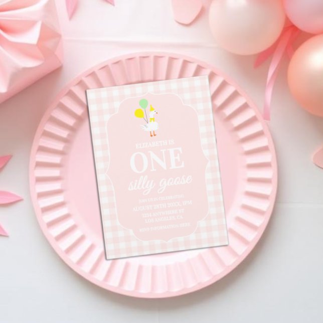 Invitation Une drôle d'oie Gingham 1er anniversaire (Créateur téléchargé)