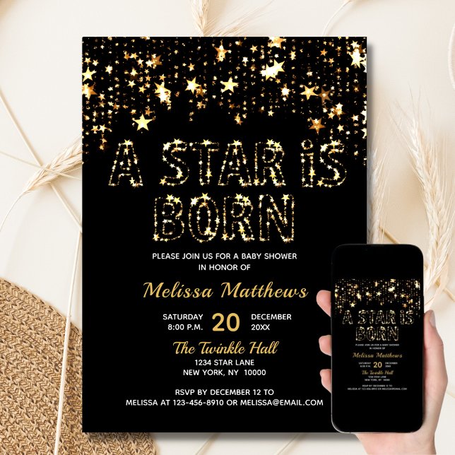 Invitation UNE ÉTOILE EST NÉE Baby shower Noir Or (A STAR IS BORN Gold Black Baby Shower Invitation)