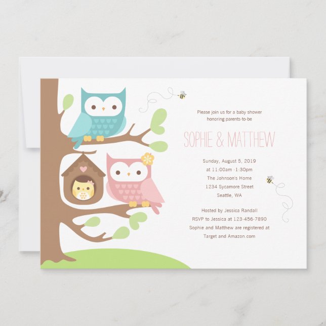 Invitation Une famille de chouettes sur un Baby shower d'arbr (Devant)