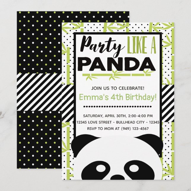 Invitation Une fête comme un Anniversaire de enfant du Panda (Devant / Derrière)