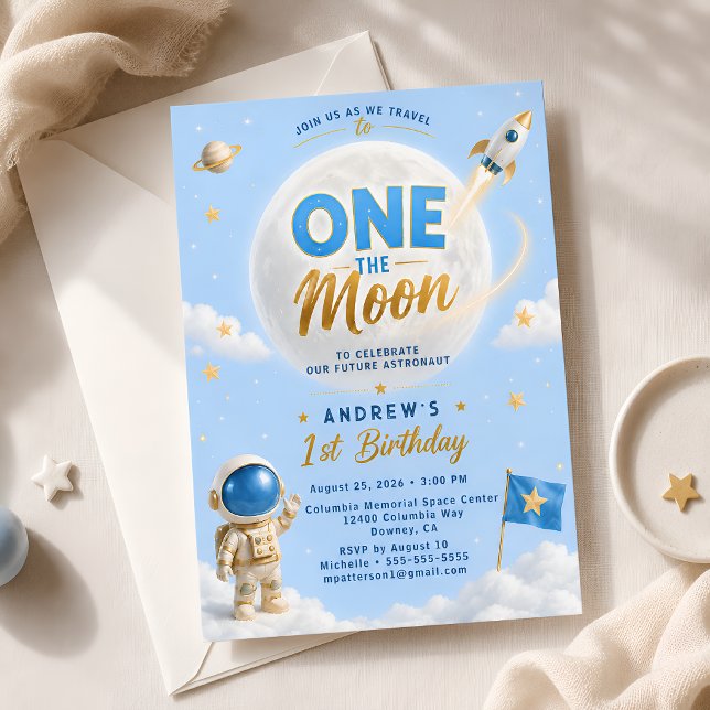 Invitation Une Fête d'Anniversaire Astronaute Sur La Lune Ble (Créateur téléchargé)