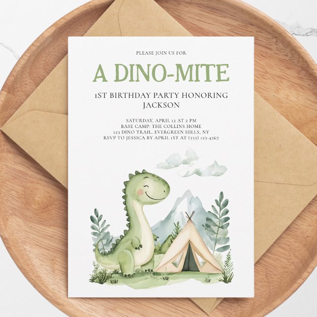 Invitation Une fête d'anniversaire de 1 an de dinosaure vert  (A Dino-mite Boys Green Dinosaur 1st Birthday Party Invitation)