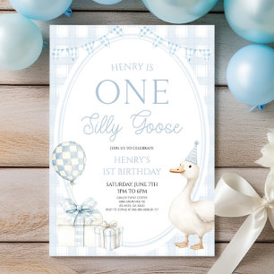 Invitation UNE Fête d'anniversaire de 1 an Silly Goose Bleu