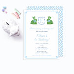 Invitation Une fête d'anniversaire intelligente pour un garço<br><div class="desc">Cette conception d'invitation intelligente présente un monogramme à une seule lettre flanqué de deux lapins en topiaire de buis orné de nœuds bleus flottants. Montré ici pour une fête de 1er anniversaire, mais tout le texte est personnalisable pour votre événement. Les éléments d'aquarelle ont été peints par moi sur du...</div>