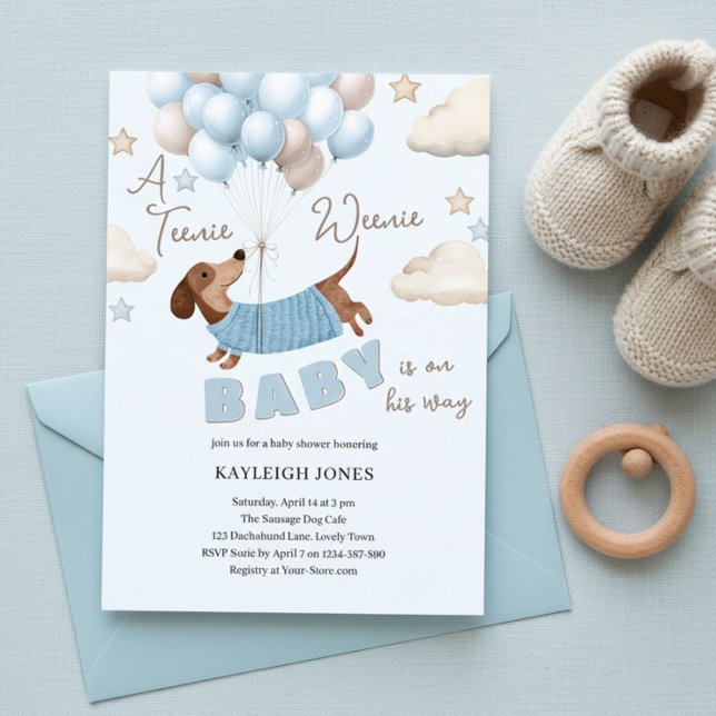 Invitation Une Fête de Bébé Garçon avec un Teckel Adorable (Teenie Weenie Blue & Beige Baby Shower Invitation with Dachshund Puppy and Balloons )