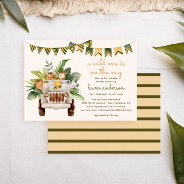 Invitation Une fête de bébé safari d'animaux de jungle A Wild (tropical baby shower invitation with watercolor jungle animals in a safari car)