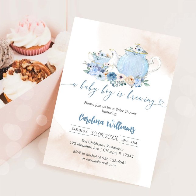 Invitation Une fête de douche pour bébé garçon autour du thé  (Créateur téléchargé)