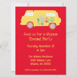 Invitation Une fête hippy rouge et jaune