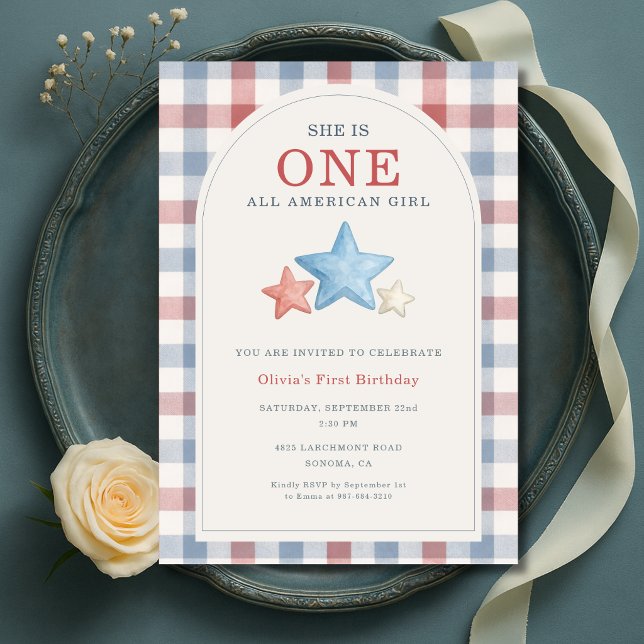 Invitation Une fille américaine tout gingham 1er anniversaire (Créateur téléchargé)