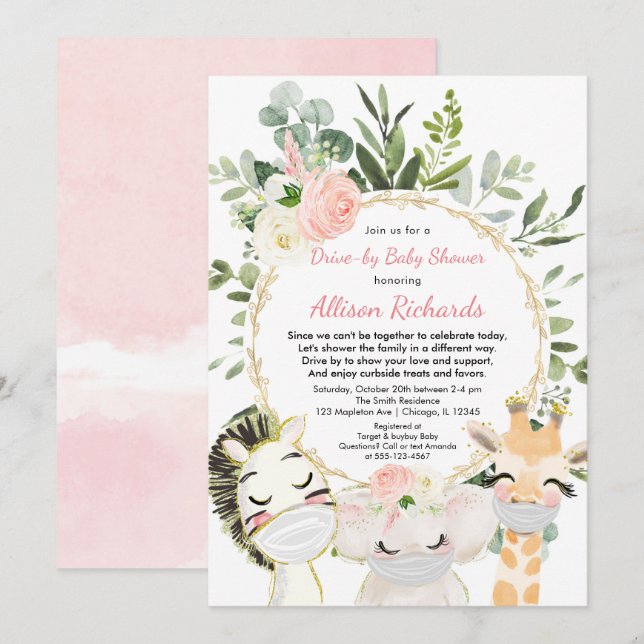 Invitation Une fille au volant baby shower des animaux mignon (Devant / Derrière)