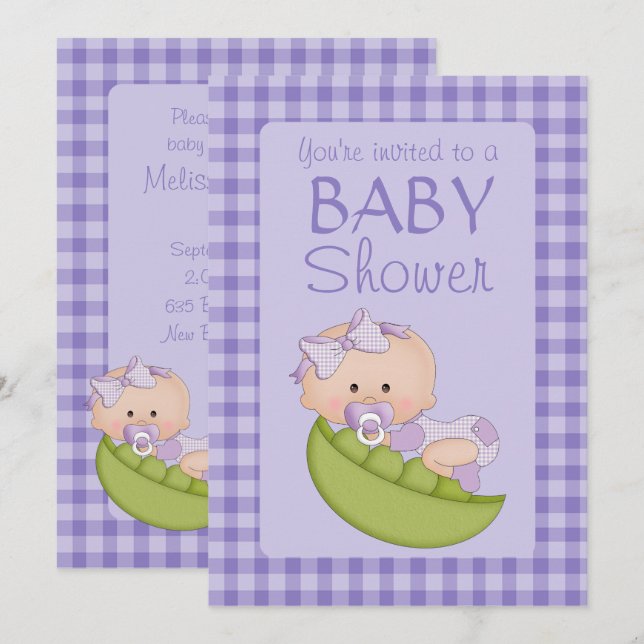 Invitation Une fille Baby shower dans un violet de morceau (Devant / Derrière)