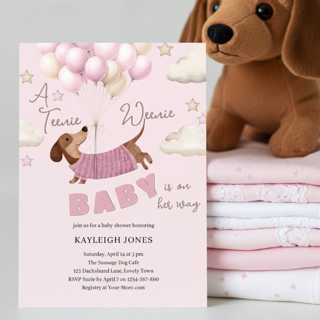 Invitation Une Fille Bébé Dachshund Mignonne Cérémonie de Rem (Dachshund Teenie Weenie Baby Girl Shower Invitation)