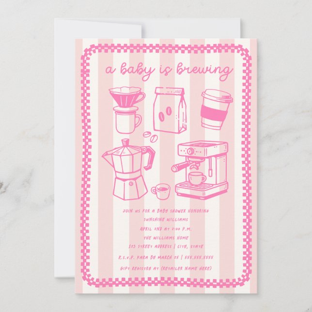 Invitation Une Fille Bébé en Train de Brasser du Café Rose Fê (Devant)