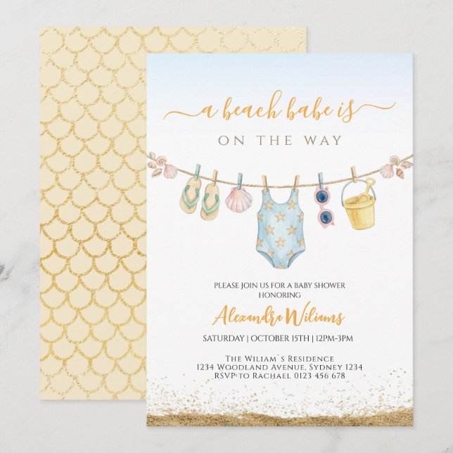 Invitation Une fille de plage arrive Bébé Fille Baby shower  (Devant / Derrière)