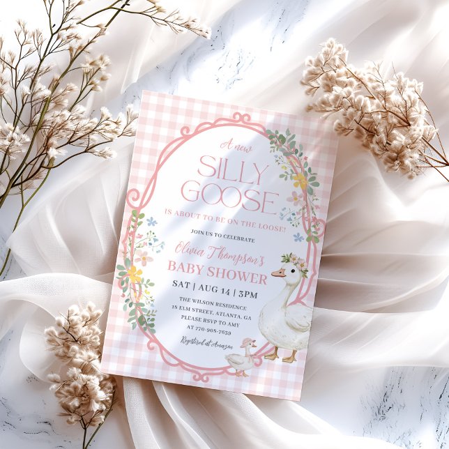 Invitation Une fille d'oie sotte Baby shower rose En vichy (Créateur téléchargé)