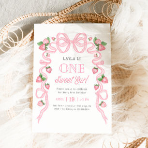 Invitation Une fille douce   Bow rose fraise 1er anniversaire