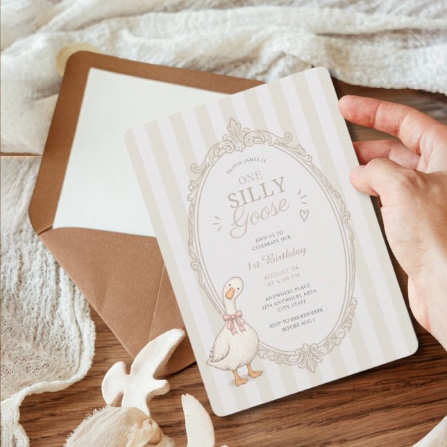 Invitation Une fille d'un an avec un ruban rose silly goose p (Créateur téléchargé)