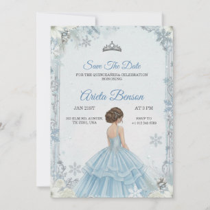 Invitation Une fille en robe de bal bleue dans un floral quin