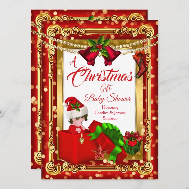 Invitation Une fille garçon bébé Cadeau de Noël Shower Rouge  (Devant / Derrière)