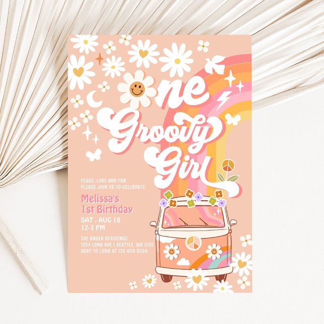 Invitation UNE Fille Groovy Rose Pêche Van Daisy 1er Annivers (Créateur téléchargé)