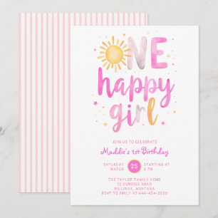 Invitation Une fille heureuse Anniversaire rose Script 1er an