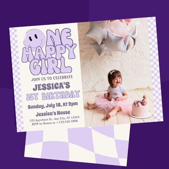 Invitation Une fille heureuse Rétro 1er anniversaire  ("Light up your little one's special day with our 'One Happy Girl Retro Smiley Face 1st Birthday )