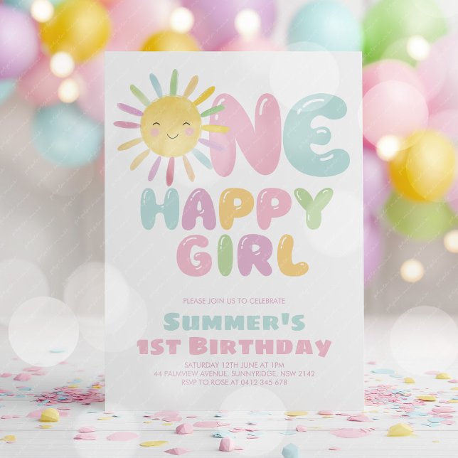 Invitation Une Fille Heureuse Soleil 1er Anniversaire Rose Bl (One Happy Girl! Girl's sun 1st birthday invitation in pink, blue and purple. )