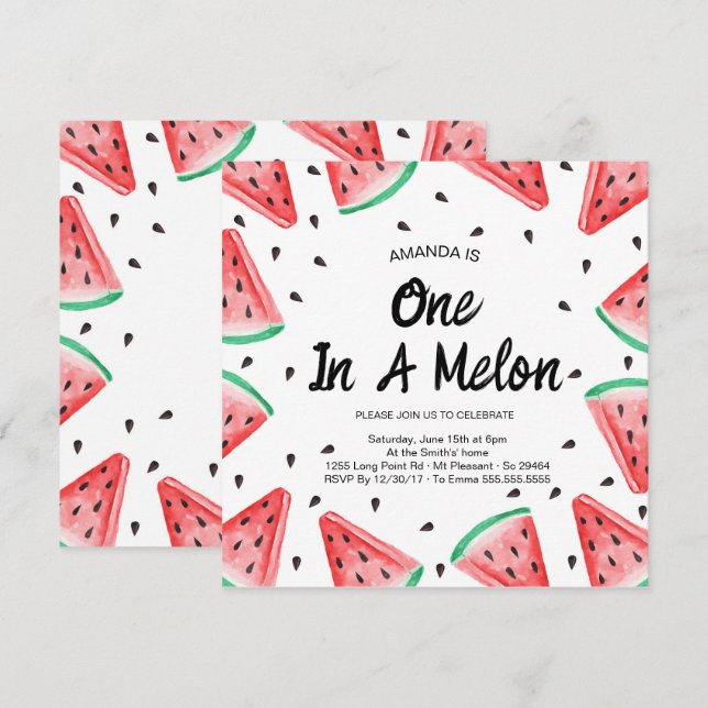 Invitation Une fille pastèque One in a Melon 1er anniversaire (Devant / Derrière)