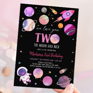 Invitation Une fille rose Astronaut Espace Deux La Lune Anniv